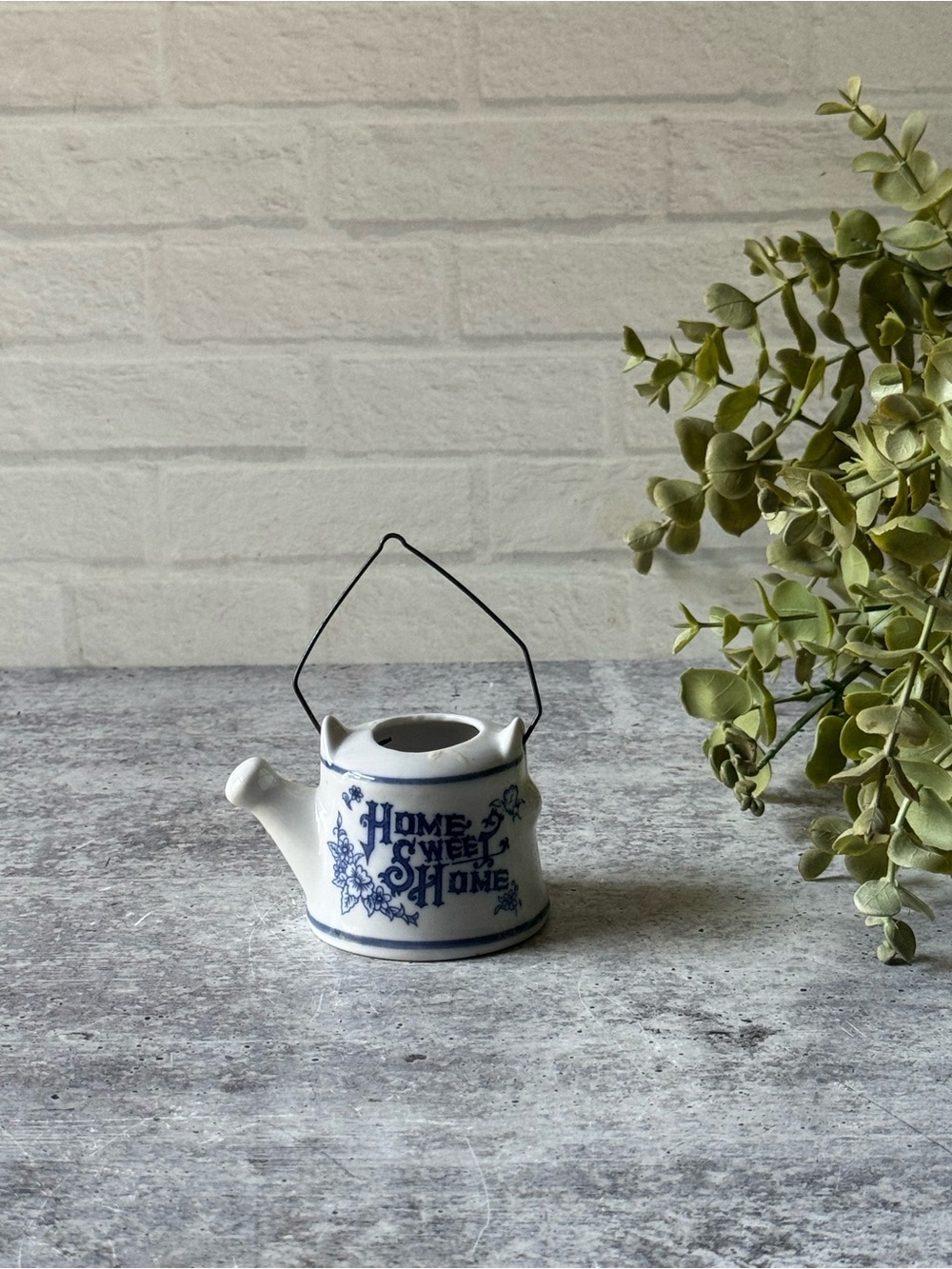 Vintage 70s Miniature Blue & White Porcelain Home Sweet Home Watering Can